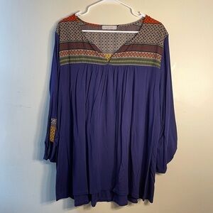 ezra Boho Shift Long Sleeve Blouse V-Neck Unique Women's Shirt Navy Blue‎ Top